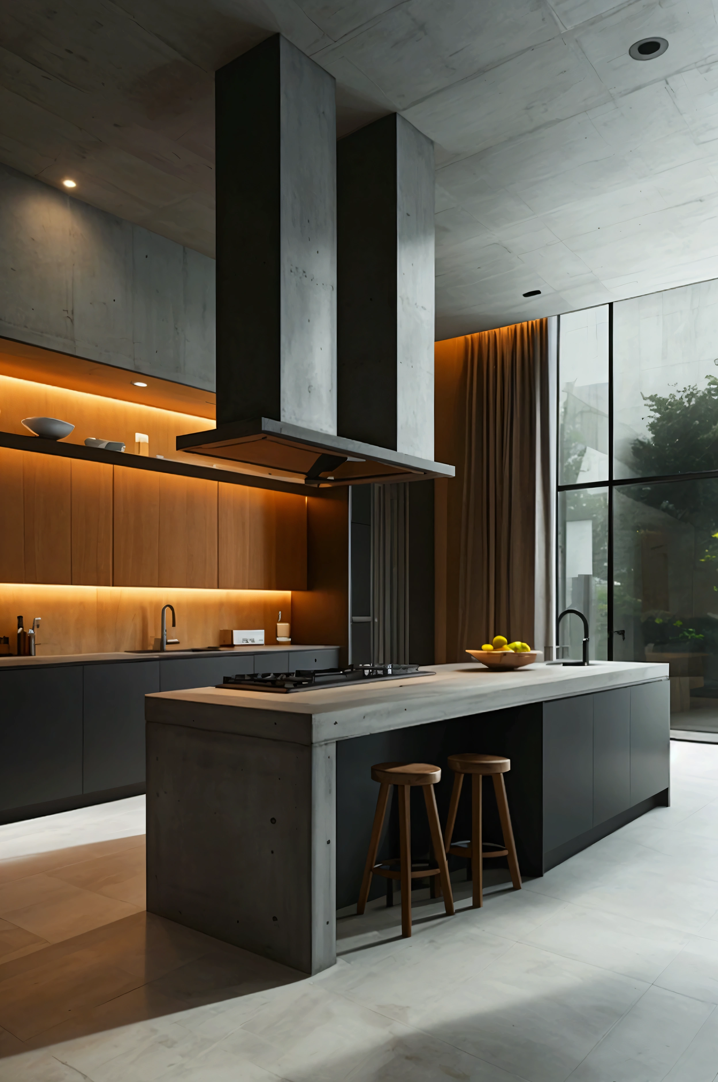 Modern built-in kitchen made of concrete. Black fittings.