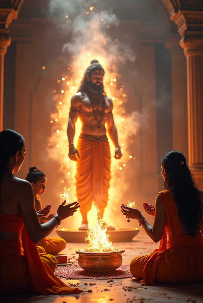 Worship Scene**: Devotees performing a ritualistic puja of Hanuman Ji, with offerings and incense, showcasing their reverence and devotion, while Hanuman Ji's divine presence is depicted with a glowing aura. In dall e-3 style