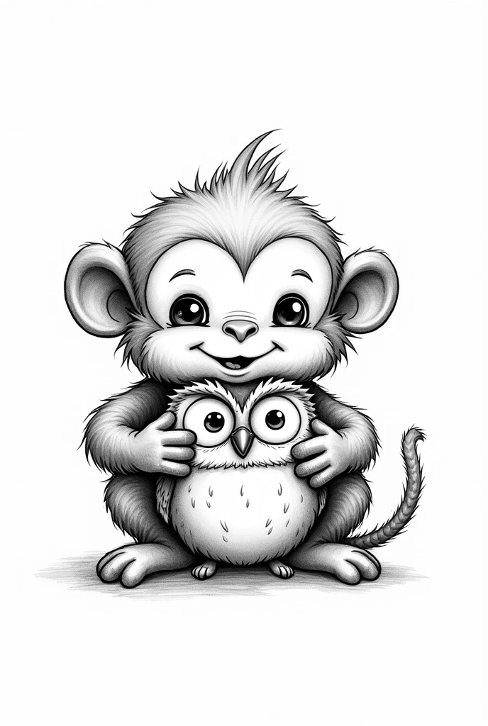 (black and white) logo, (hand-drawn) art style, cute cheeky monkey, posing playfully with hands on a best friend owl's head, whimsical design, friendly atmosphere, intricate details, outlines, dynamic expressions, playful interaction, unique branding concept, delightful character illustration, perfect for an inviting and cheerful motif, appealing and memorable artistry.