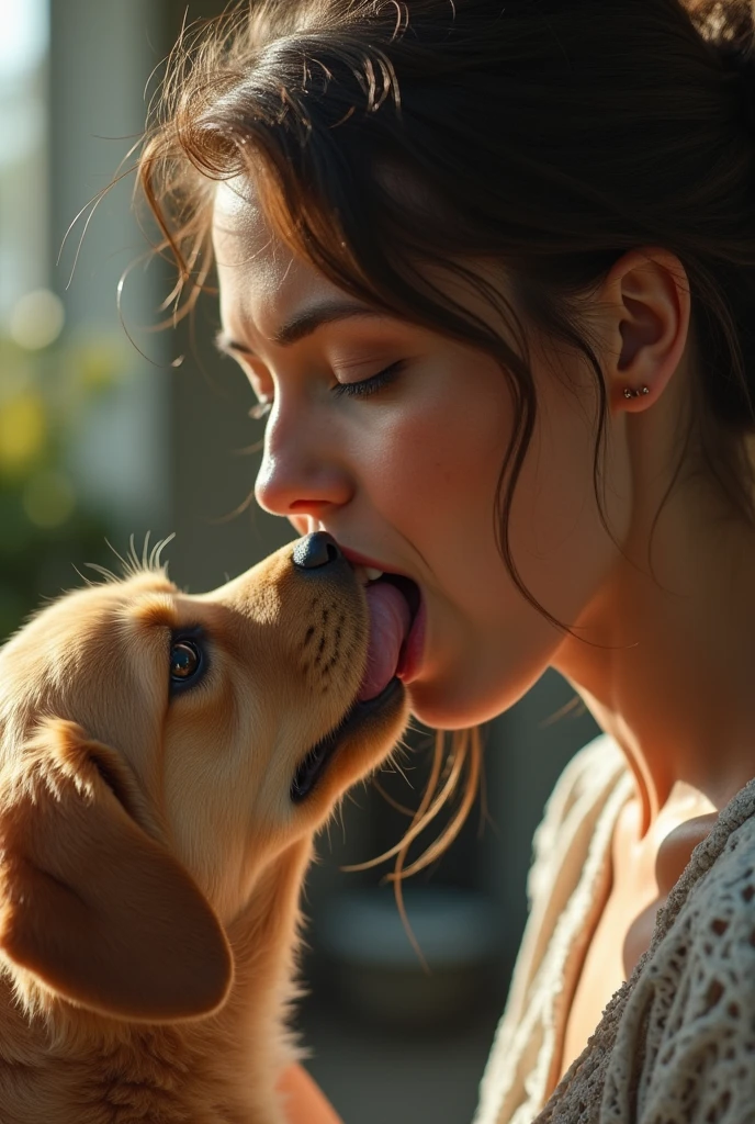 (photorealism:1.2), beautiful pragnent woman, licking dog dick, Brest feeding puppys