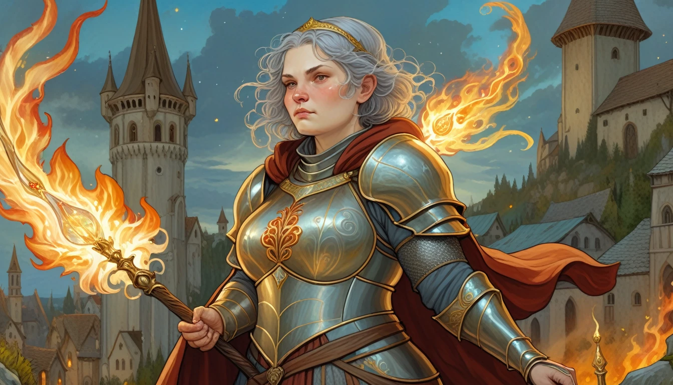 Highly detailed, UHD, 32k, medieval fantasy, Art Style of Rebecca Guay, digital painting, a 4 matron human female chubby villager, with some grey hair, clad in silver armor and helmet, holding a magical staff. At the top of the staff there is a magical crystal that emits flames. She is at a medieval city. Her face expression is one of evil and stupidity.