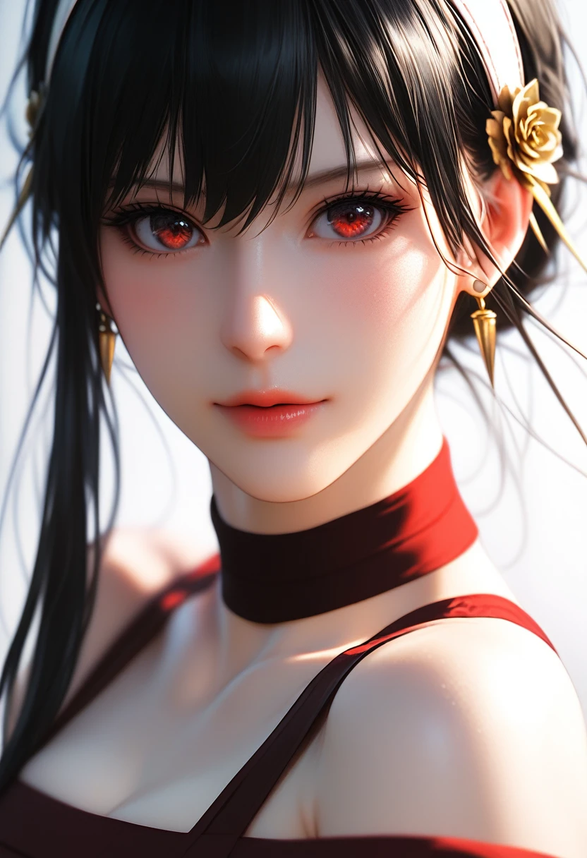 Close-up details, realistic style photo young woman, black hair, long hair, outstanding style, tall, cute, in her s. Use soft lighting to cast gentle shadows on the subject, adding a touch of dimension to your images without compromising details, score_9, score_8_up, score_7_up, yor briar, black hair, sidelock, white hairband, red eyes, bare shoulders, japanese clothes, sleeveless, choker, sash, armband, ninja,Painstaking Attention To Details