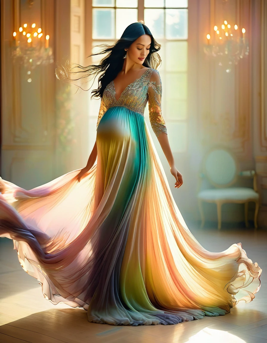 beautiful pregnant woman with long black hair, windy hair, flowing gown, ethereal dress, floor-length, elegant
hand-painted silk, luxurious fabric, flowing chiffon, delicate lace
subtle embroidery, intricate beadwork, shimmering sequins
vibrant colors, pastel tones, gradient shades
soft lighting, gentle backlighting, dreamy atmosphere