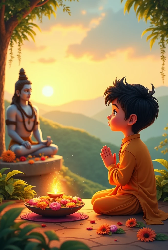 A boy, is seated and praying in front of a Shivling adorned with flowers and belpata (green leaves). Behind him, there's a Statue of Lord Shiva. The boy is wearing a saffron kurta on which name "Rahul" written clearly , have stylish hair and look very cute, enhancing the spiritual or religious ambiance, background features with hills, sunrise.