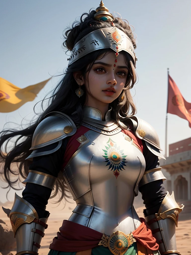 Indian flag as female steel knight, indian girl, indian flag on chest armor, ong symbol in armor, indian themed, hindu girl