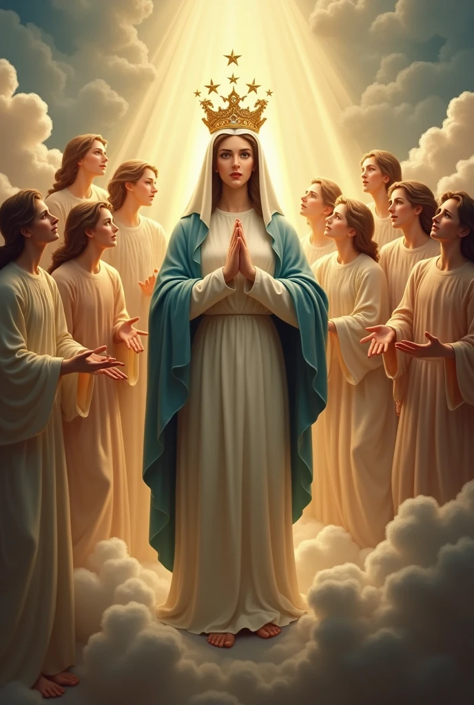 Mary reigns with a crown of 12 stars on her head, surrounded by angels in heaven