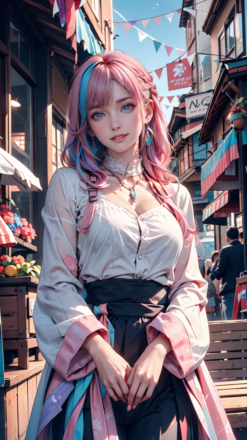 (masterpiece), (((Highest quality)), (Very detailed), 1 person, (Rainbow Hair, Colorful Hair, Half Blue、Half pink hair: 1.2), , (yukina: 1.2), Outdoor, bangs, smile, Sky blue eyes, Perfect hands, Perfect hands, Hand Detail, Modified fingers. Earrings, Night Store + background, Looking_in_Audience, Cowboy Shot, Highest quality, Rich details, Perfect image quality,