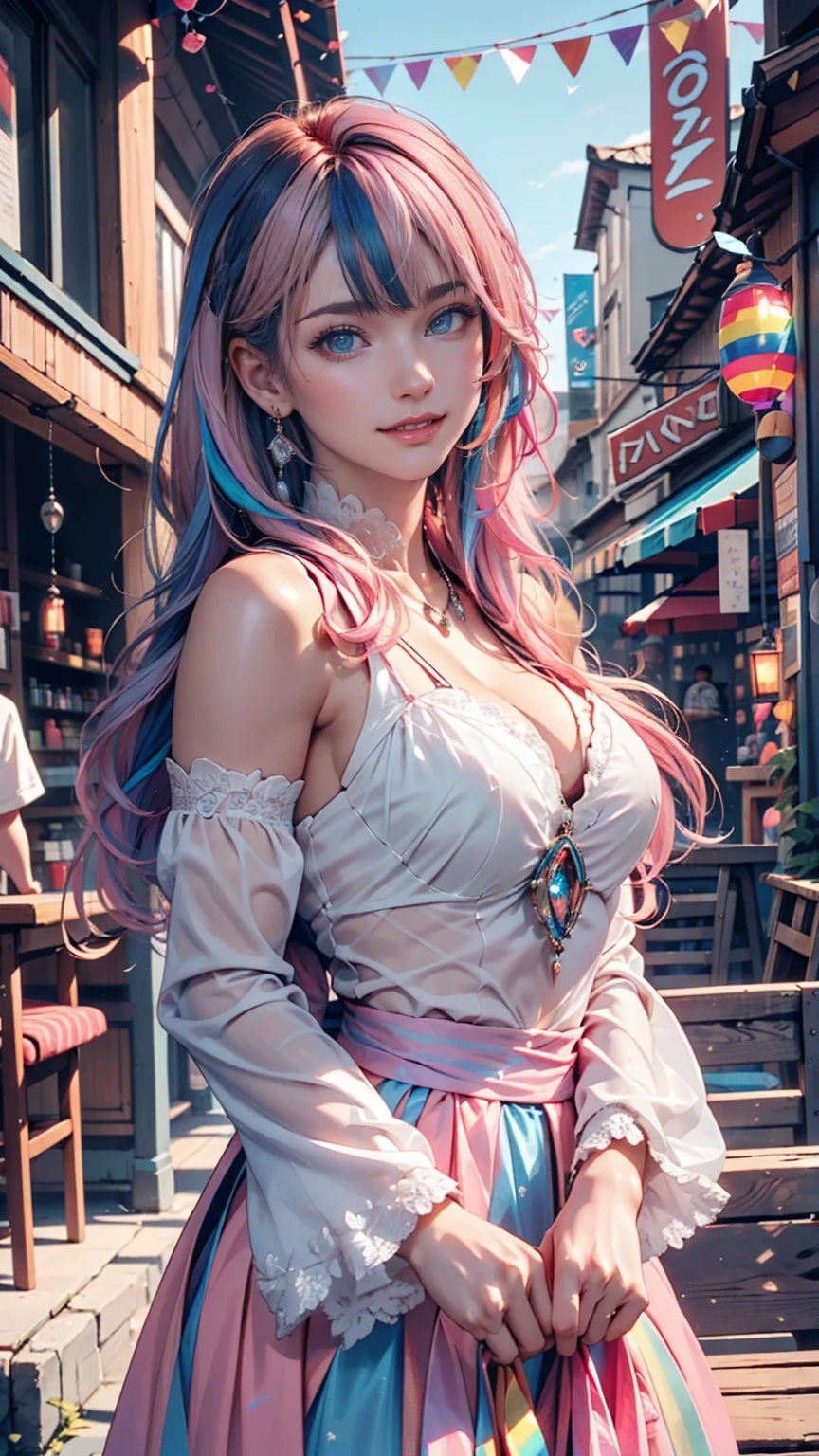 (masterpiece), (((Highest quality)), (Very detailed), 1 person, (Rainbow Hair, Colorful Hair, Half Blue、Half pink hair: 1.2), , (yukina: 1.2), Outdoor, bangs, smile, Sky blue eyes, Perfect hands, Perfect hands, Hand Detail, Modified fingers. Earrings, Night Store + background, Looking_in_Audience, Cowboy Shot, Highest quality, Rich details, Perfect image quality,