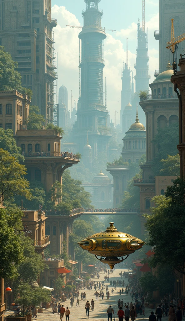 A captivating and futuristic cityscape comes to life with a vibrant and bustling atmosphere. The towering skyline is adorned with 🚧 🏗️ of office buildings, apartments, colosseums, flying machines, ⛪churches, temples, stores, and houses, creating a stunning view. People👫👭🧑🤝🧑🤼♂️🤼♀️ go about their daily lives, while others work diligently on numerous construction sites, adding to the city's dynamic energy. The focal point of the scene is a striking galacticpunk inspired vehicle that merges elements of a 1980s Mack Truck cab & a 1924 Deusenberg. This metallic gold colored with forest green matte colored vehicle features intricate gears, pipes, and metallic lemon colored matte, as it flies throughout the city.🏰🏯 There are forests 🌳 interwoven through everything buildings in the city.