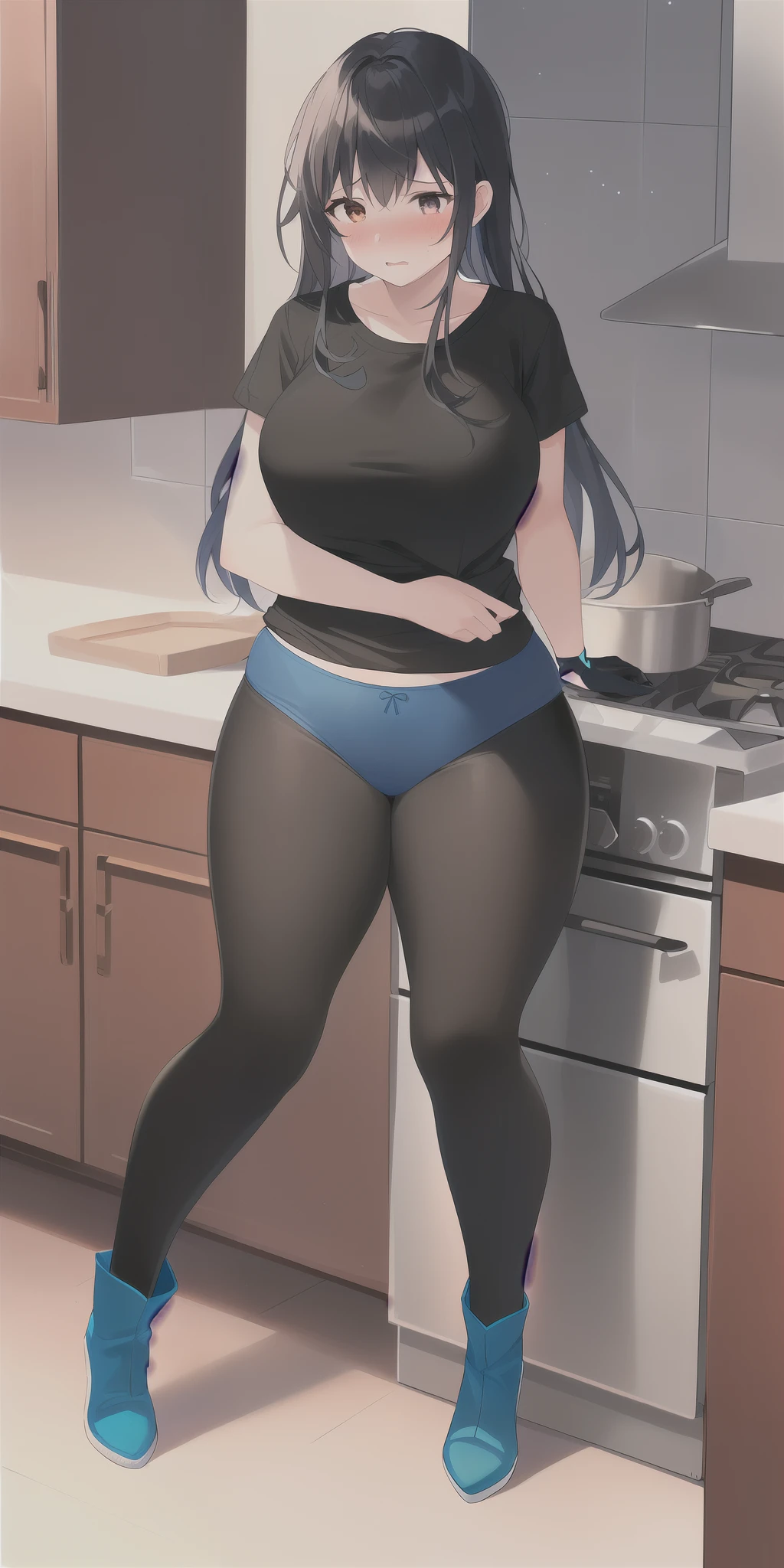 1 girl, black hair, in kitchen, with black t-shirt, black legging, blue gloves, blue panties on the outside the black legging, blue high knees boots, medium breast, voluptuous, angry, red cheeks, embarrassed, full body view