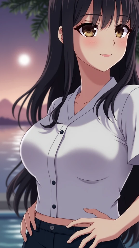 beautiful girl、Big Breasts、topless、Long Hair、Japanese、Full Body Shot、anime、Background night pool