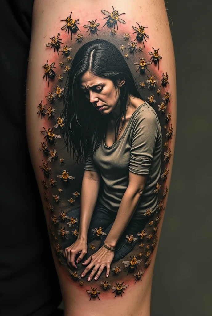 Tattoo of realistic swarm of bees with a sad line only women on knees in the middle