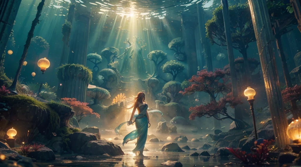 Mystical (((masterpiece))), (((Best quality))), ((ultra detailed)),(very detailed computer illustration), ((very subtle and beautiful)),cinematic light, Create a stunning fantasy painting that imitates the style of modern masters of the genre. Aesthetic illustration in a realistic style, View from afar, full-length, In the center of the image is Mystical Ariel, in the background is a symmetrical underwater lost temple, Ariel in an Ancient Underwater Temple: Ariel exploring an ancient, sunken temple adorned with intricate carvings and statues. The temple is partially covered in seaweed and algae, with glowing orbs floating around, casting a mystical light on the scene. Gentle and very beautiful mermaid of the underwater kingdom Ariel, long hair, cute face, glowing headband, sparkling scales, Dynamic pose, Strong contrast, Good depth of field, 8K wallpaper, Masterpiece, Aesthetic Mystical illustration in realistic style, best quality, natural light, high res, highly detailed, All the colors and materials in this work are very harmoniously combine