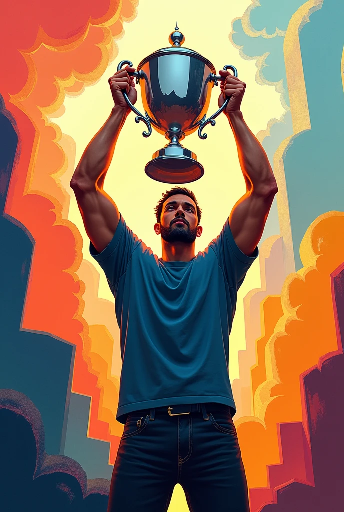 Draw a man holding a trophy in abstract with good color range 