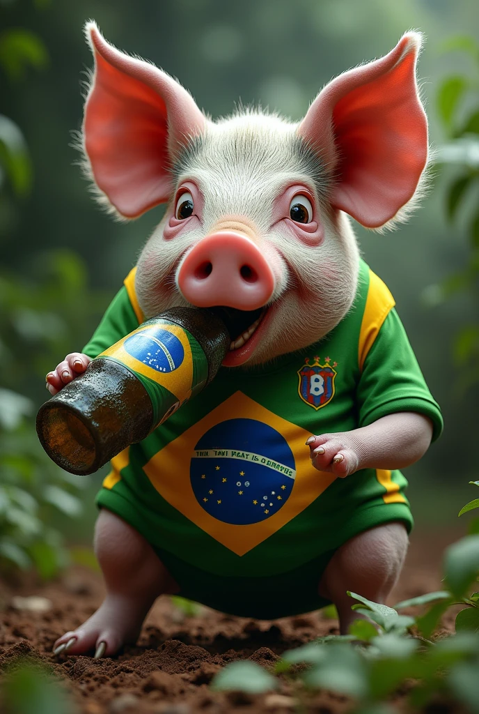 Create a pig eating a bottle with the Brazilian shirt