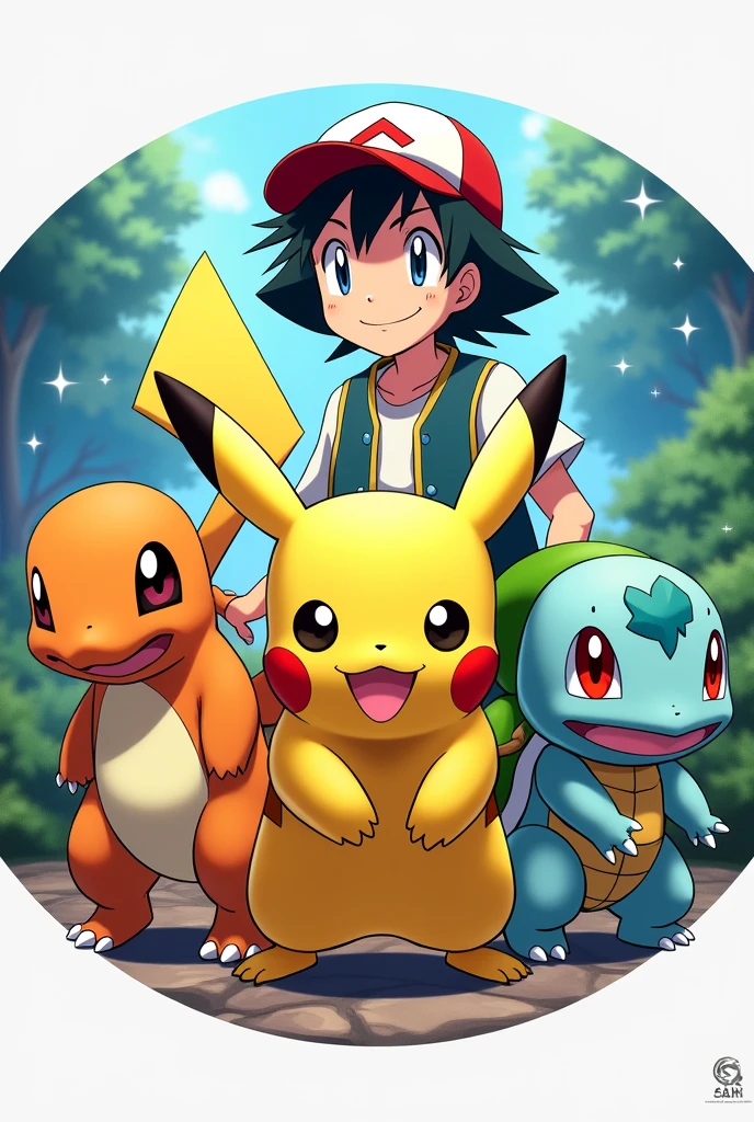 crea una imagen redonda con una imagen de pokemon con los personajes principales (“pikachu, charmander adulto, bulbasaur, squirtle” y un solo “ash ketchum”) con un fondo atrás 