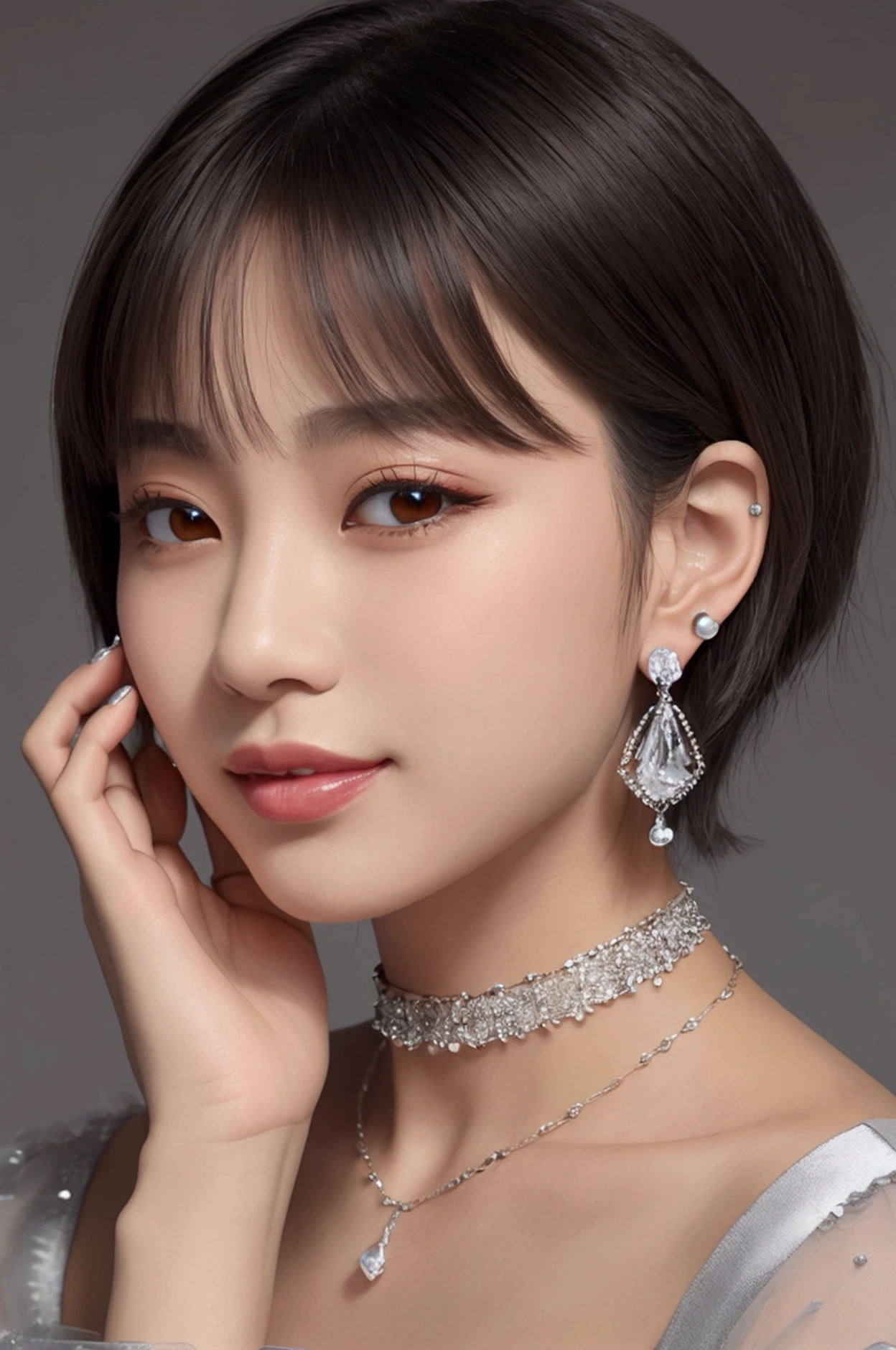 Piriyon, alone, One person, 黒いnail, jewelry, short hair, View your viewers, choker, necklace, put your hand on your face, Earrings, White Background, heart, Mouth closed, Grey Eyes, Manicure, Simple Background, Grey Hair, ear Earrings, black choker, smile, eyelash, lips, Put your hand on your cheek, bangs, bracelet, beads, gem, Earrings, nail