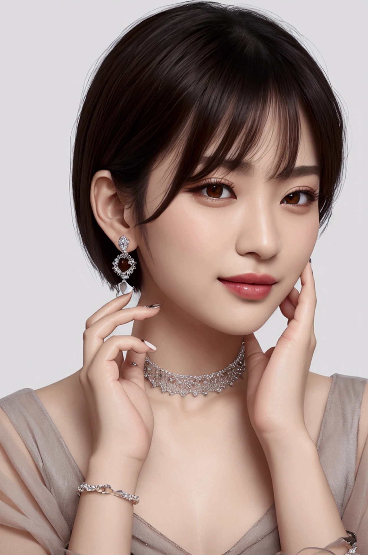 Piriyon, alone, One person, 黒いnail, jewelry, short hair, View your viewers, choker, necklace, put your hand on your face, Earrings, White Background, heart, Mouth closed, Grey Eyes, Manicure, Simple Background, Grey Hair, ear Earrings, black choker, smile, eyelash, lips, Put your hand on your cheek, bangs, bracelet, beads, gem, Earrings, nail