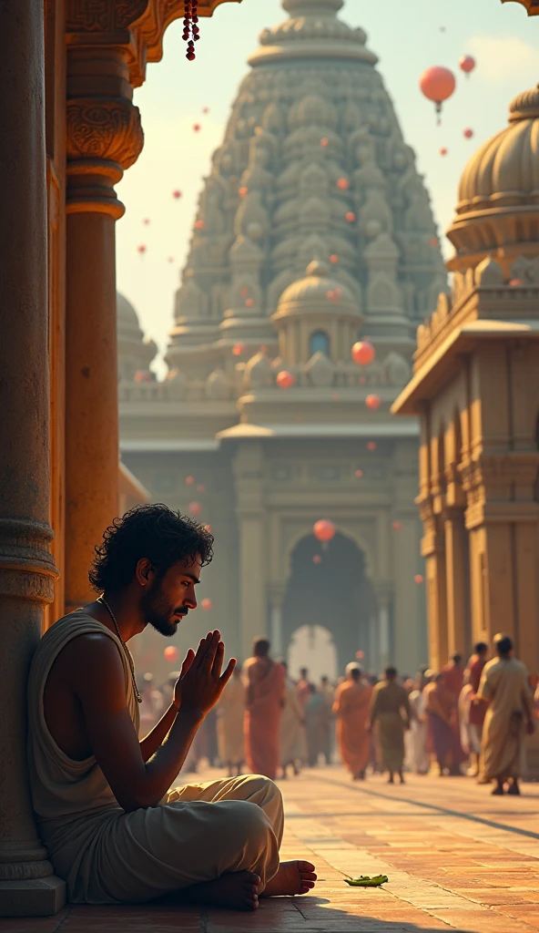 A poignant scene showing a poor  named Ramesh sitting on the steps outside a grand temple. He looks dejected and heartbroken, with tears streaming down his cheeks. Ramesh is dressed in simple, worn clothes, and his small figure appears fragile against the imposing backdrop of the temple. His hands are clasped together in a gesture of deep prayer, and his face is turned upward as he calls out to Lord Krishna from the depths of his heart.

The temple in the background is beautifully decorated, with people still entering for the festival, but Ramesh sits alone, feeling isolated from the joyous atmosphere. His sorrowful eyes and the wet trails of tears on his cheeks convey his deep emotional turmoil. The scene is infused with a mix of divine longing and innocence, as Ramesh silently questions why his poverty should prevent him from receiving the blessings of the Lord, despite his unwavering devotion.


