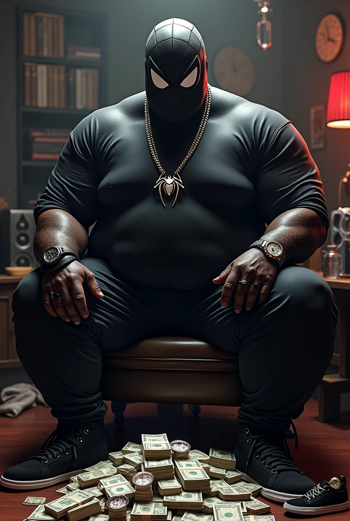 Fat belly spider-man black suit and mask with a silver trapstar plug necklace on his neck and a lot of money next to him and a rolex watch in his hand and a ring in his hand and Nike box and Nike shoes with rap style in the studio