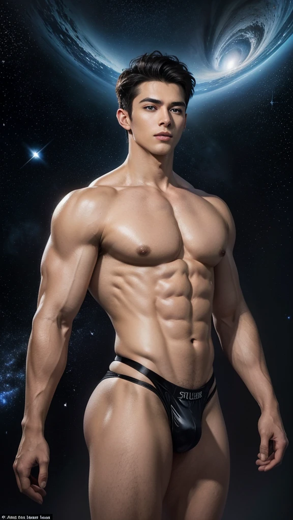 (masterpiece, high resolution, detailed:1.3), a mesmerizing depiction of a (strikingly handsome young man:1.5) donning (wearing sleek and form-fitting thong, bulge:1.5), LED internal lighting, glowing blue iris, muscular, standing against the backdrop of the vast and mysterious cosmos, breathtaking grandeur, best quality, masterpiece, His (toned physique:1.5) is bathed in the soft glow of distant stars, creating an otherworldly aura. As he sexually gazes out into the depths of space, his (intense blue eyes:1.2) reflect the wonder and curiosity of his cosmic journey. The intricate details of his attire and the (subtle gleam:1.2) on his skin are meticulously captured, lending an air of realism to the scene. The celestial expanse behind him is a tapestry of (nebulous formations:1.2), (dazzling galaxies:1.2), and (shooting stars:1.2), a breathtaking testament to the beauty of the universe. This artwork melds the allure of a beautiful man with the awe-inspiring vastness of space, evoking a sense of both intimacy and grandeur.