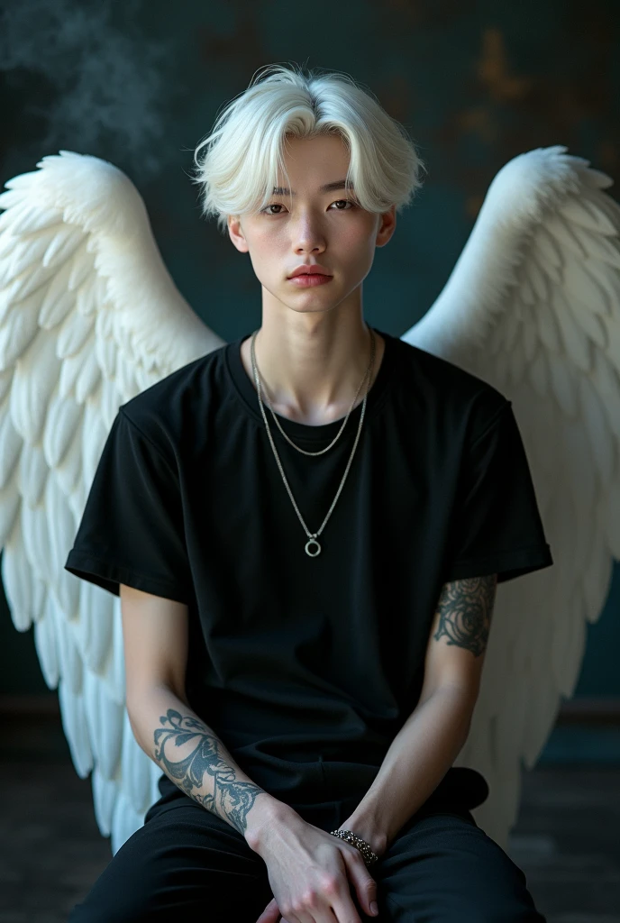 Boy like a fairy face smooth skin pink lips white hair perfect body setting on the chair and have necklace and have tattoos with black t-shirt and dark smoke background with big wings of an angel