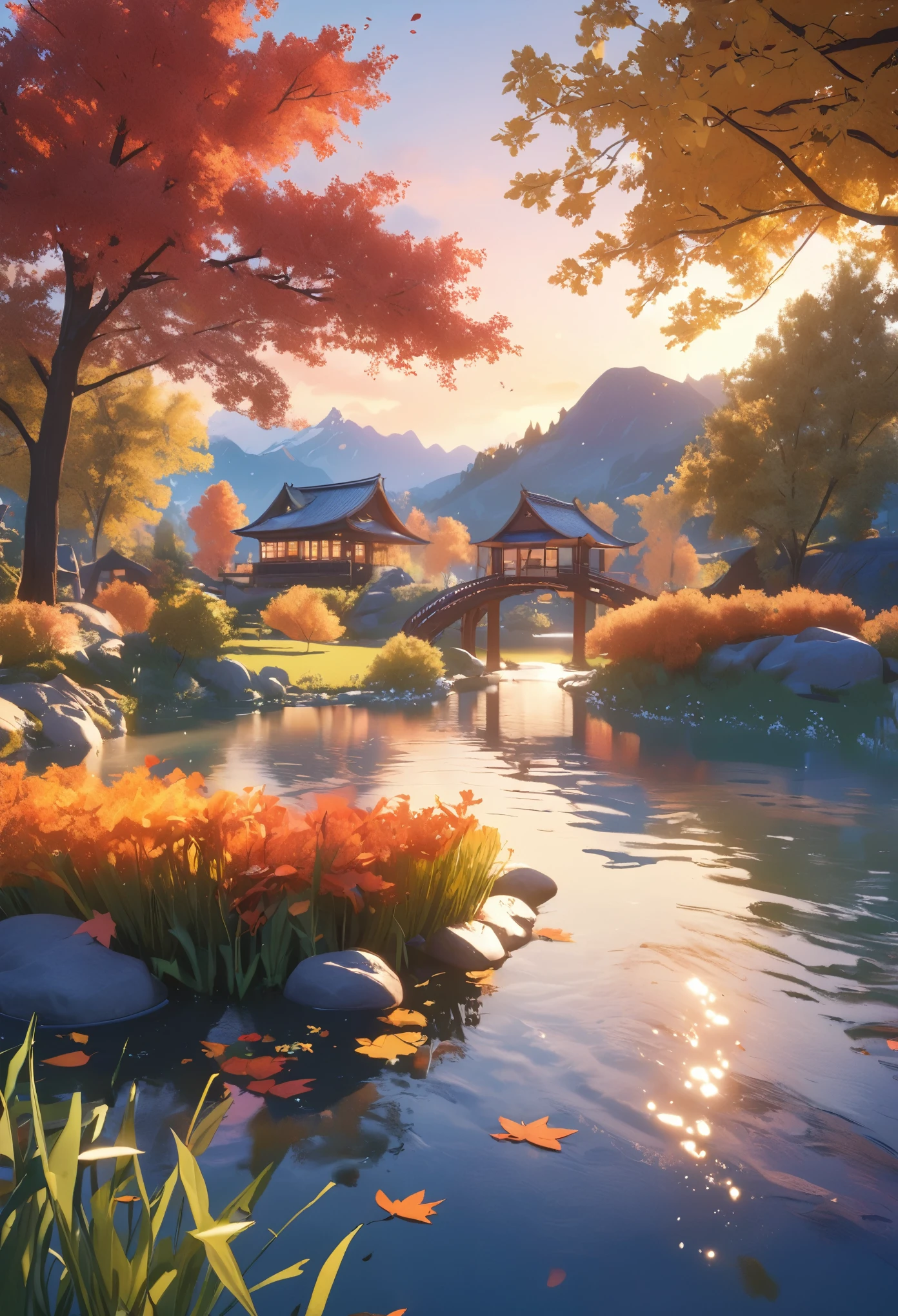 DIY16,best quality, Ultra HD, masterpieces, 8K, Practical, Anime style, 3D Rendering,(Pond in the evening:1.2), (8K, best quality, masterpiece:1.2), (Ultra-high resolution:1.0), Extremely bright design, Soft colors, (ink:1.3), Autumn Lights, High Detail, dramatic, photoPractical painting art