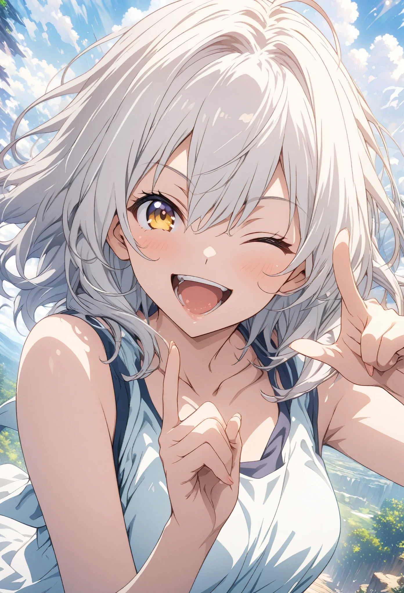 masterpiece, Highest quality, Highly detailed CG Unity 8K wallpapers, High School Girl Anime Illustration. Wear an oversized tank top、Make a finger gun pose、she has her eyes closed and mouth open, smile. The background is a light pastel colored landscape.., white hair color, Yellow Eyes
