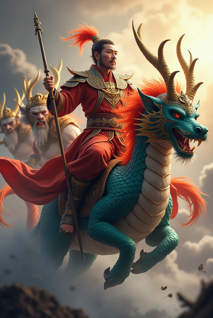 Sun wu kong legends of chinese the min keta kings ride dragon with he armor suit with and use helmet with 2 feather on helmet