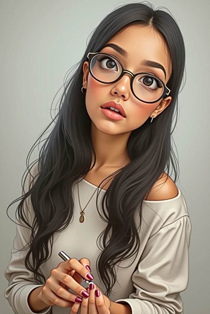 A brown woman with glasses applying nail polish, simple background
