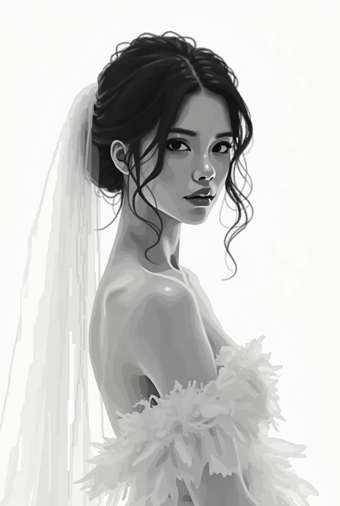 Pixelated,Black Hair,Wedding dress,White background