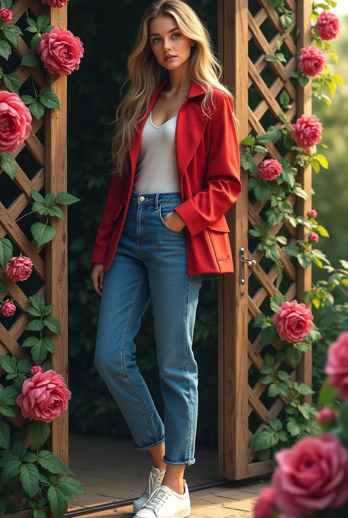 A fashionable young woman with long hair and blue eyes, dressed in blue jeans, a red jacket, and white shoes, leaning against a wooden trellis covered in climbing roses.