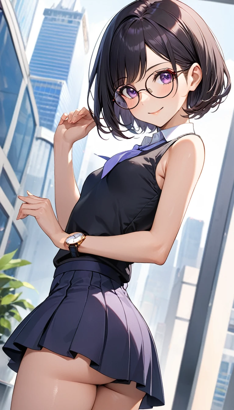 dynamic angle, standing, sexy pose, bewitching pose, Very cute pose, Highest quality、Best image quality、masterpiece、Anime Style、a girl、Beautiful Eyes、black hair, purple eyes、Short bob cut、(sideburns), middle part, (flat chest)、slender、Tight waist、Small Ass、Round Glasses、Beautiful Face、Natural smile, red cheek, office lady, (micro mini-skirt), noon、In the office district、skyscraper、watch、cowboy shot, Shallow depth of field、
