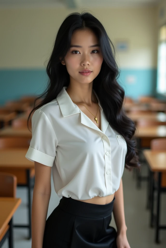 Beautiful girl with smooth skin, black hair, dark eyeshadow, gold pendant (beautiful no bra, C shape), wearing a Thai student uniform, a white short-sleeved shirt, a black short skirt, a tight fit, standing and posing in a classroom. The background is a classroom, student desks and chairs in 1970. The most realistic picture.
