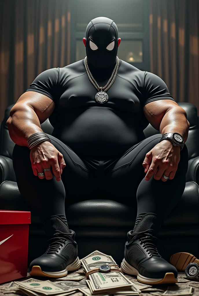 Fat belly spider-man black suit and mask with a silver trapstar plug necklace on his neck and a lot of money next to him and a rolex watch in his hand and a ring in his hand and Nike box and Nike shoes with rap style in the studio