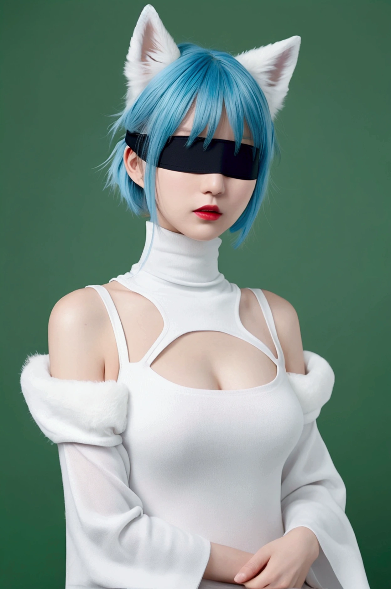 One person, Wow, (Blindfold), chest, chestの谷間, chestの谷間 cutout, Dress cutout, Green background, Hair between the eyes, head band, High resolution, Juliet Sleeve, Long sleeve, Nier (series), Nier automata, Fluffy sleeves, Red lips, Shadow Face, short hair, alone, Turtleneck sweater, Upper Body, l Blue hair, null, White Fox Ears, White fox tail, nine tailed fox,