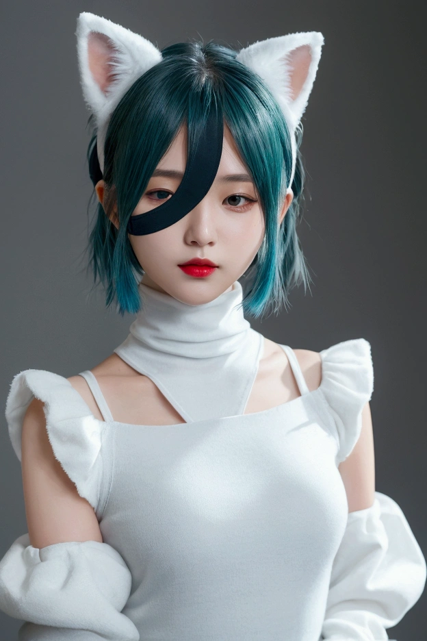 One person, Wow, (Blindfold), chest, chestの谷間, chestの谷間 cutout, Dress cutout, Green background, Hair between the eyes, head band, High resolution, Juliet Sleeve, Long sleeve, Nier (series), Nier automata, Fluffy sleeves, Red lips, Shadow Face, short hair, alone, Turtleneck sweater, Upper Body, l Blue hair, null, White Fox Ears, White fox tail, nine tailed fox,