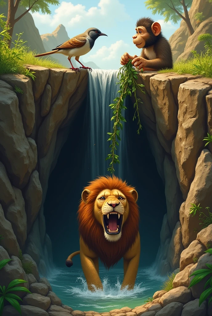 The sparrow and monkey arrive at the pit, with the sparrow calling out to other animals, while the monkey pulls a strong vine towards the lion to help him out.