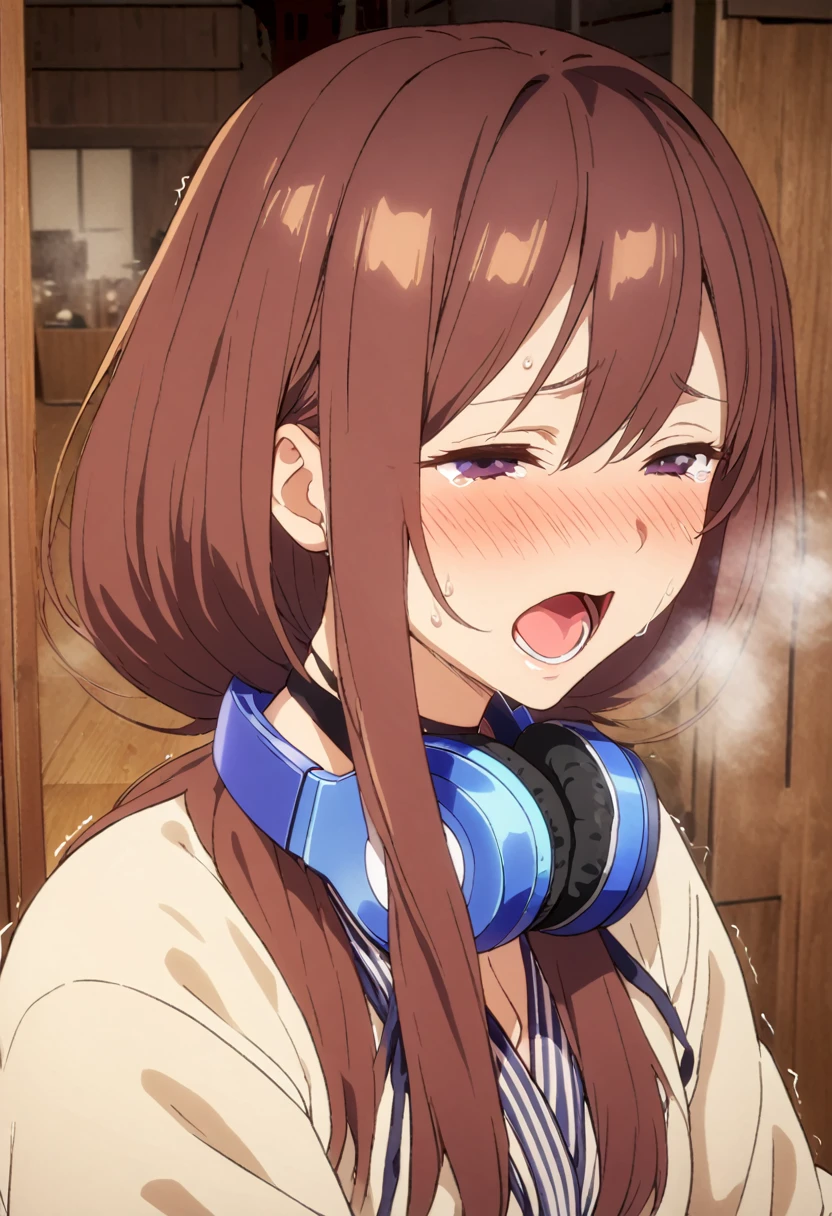 (Highest quality, 4K, 8k, High resolution, masterpiece:1.2), Very detailed, Picturesque, Animated Photography, Photo Animation:1.37)、Japanese girl、(Brown Hair)、(Medium Long Hair)、Blue headphones around his neck、Black choker、storehouse、Ecstasy face、Sweat、Are crying、vapor、trembling、Nakano Miku
