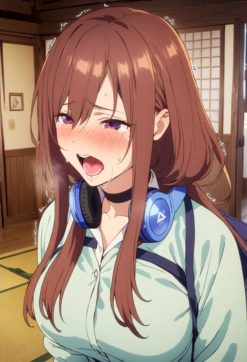 (Highest quality, 4K, 8k, High resolution, masterpiece:1.2), Very detailed, Picturesque, Animated Photography, Photo Animation:1.37)、Japanese schoolgirl、(Brown Hair)、(Medium Long Hair)、Blue headphones around his neck、Black choker、storehouse、Ecstasy face、Sweat、Are crying、vapor、trembling、Nakano Miku
