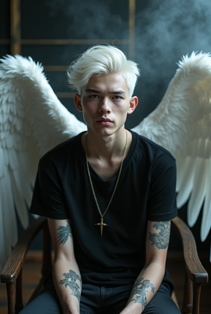 Boy like a fairy face smooth skin pink lips white hair perfect body setting on the chair and have necklace and have tattoos with black t-shirt and dark smoke background with big wings of an angel