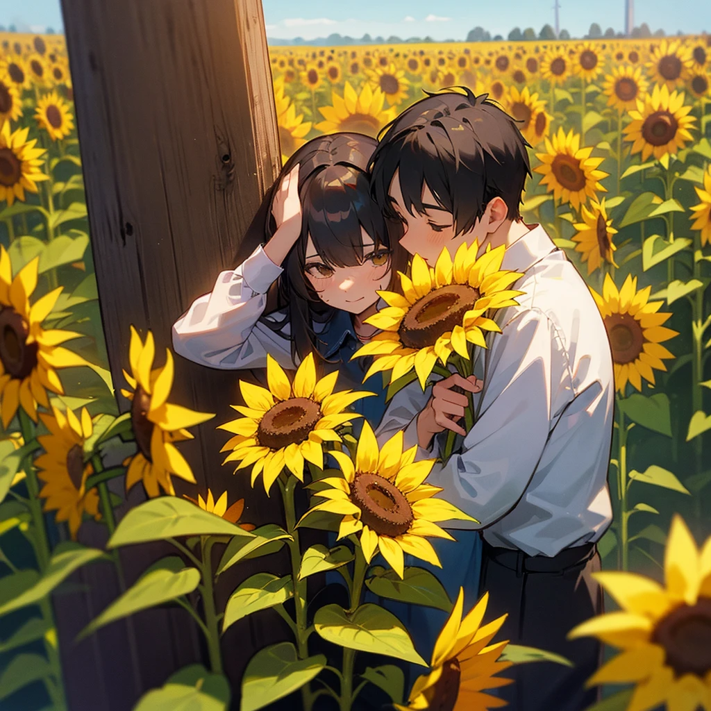 A couple playing hide and seek in a field of sunflowers 