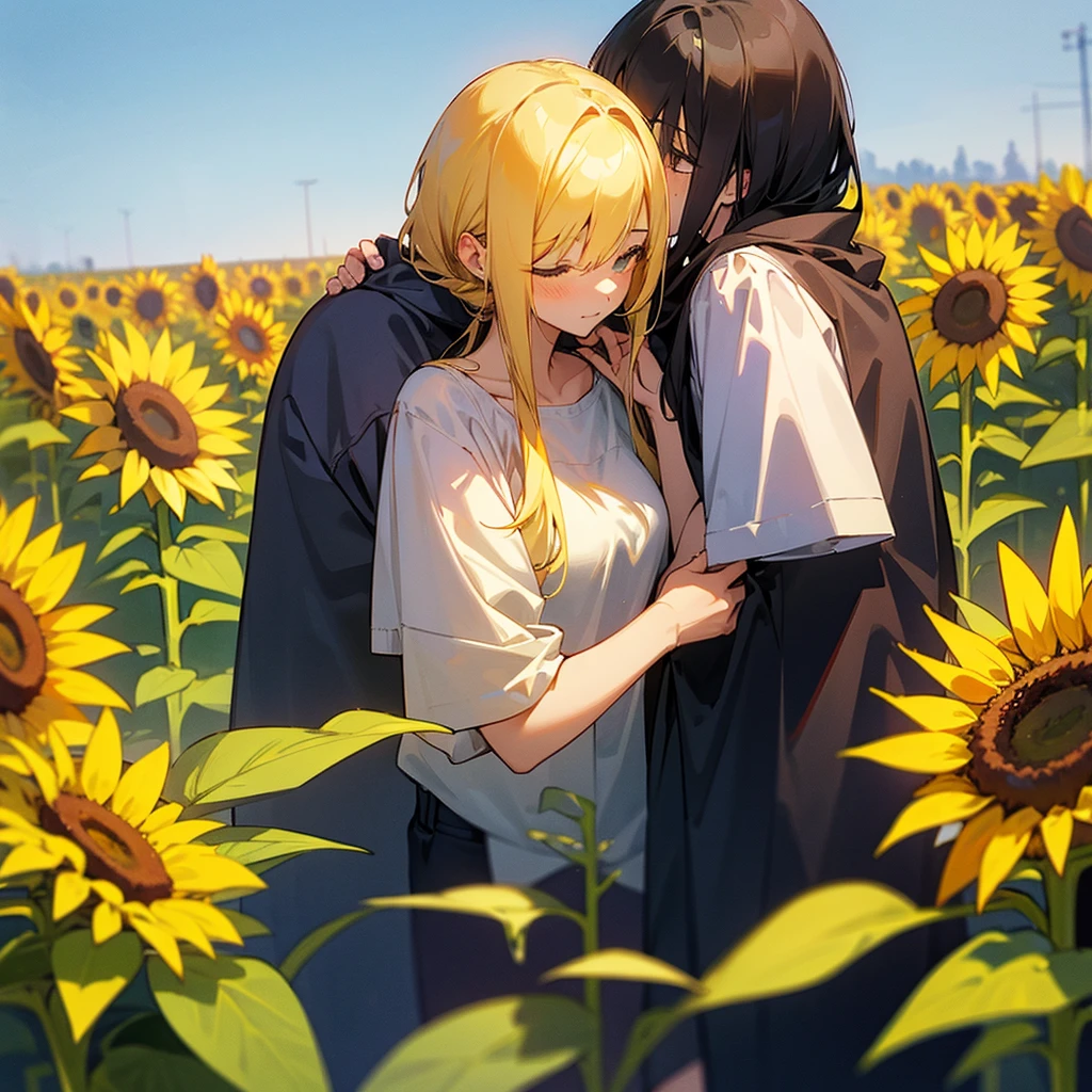 A couple playing hide and seek in a field of sunflowers