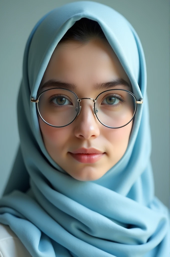 Fille avec un hijab bleu claire couleur de peau un tout petit peu marron et lunette rond de vue