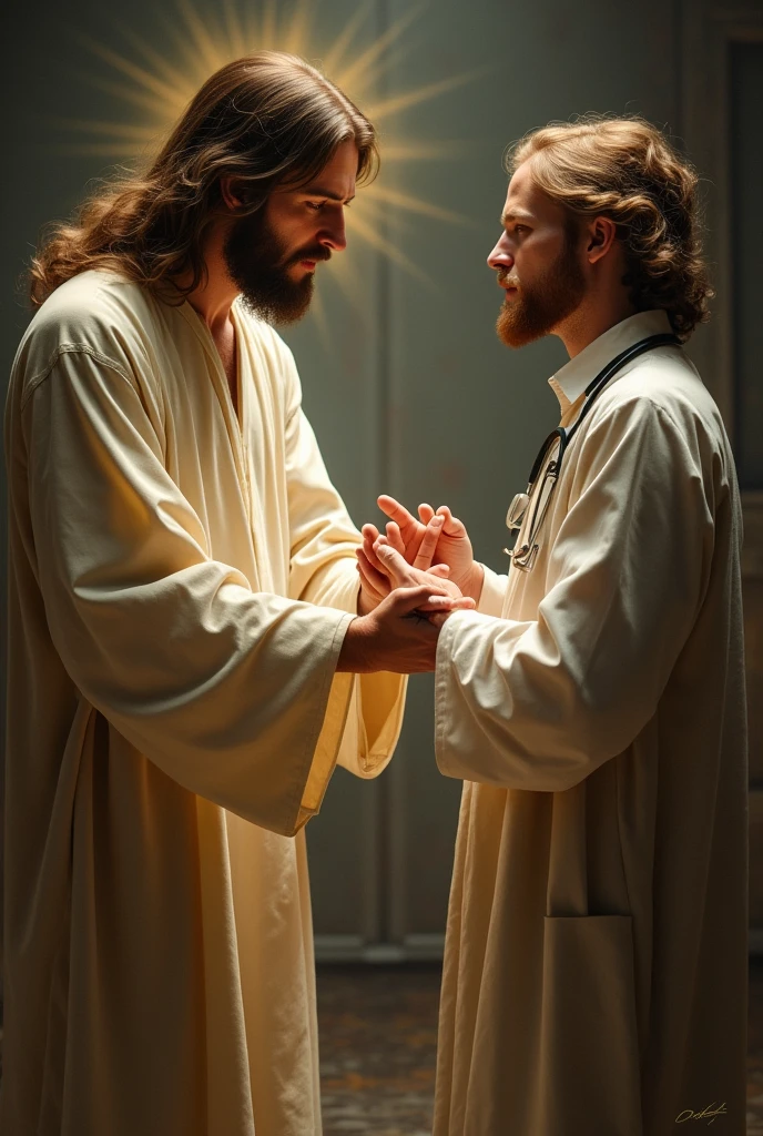 Jesus giving the doctor his hand so that he may have wisdom and certainty in his diagnoses.