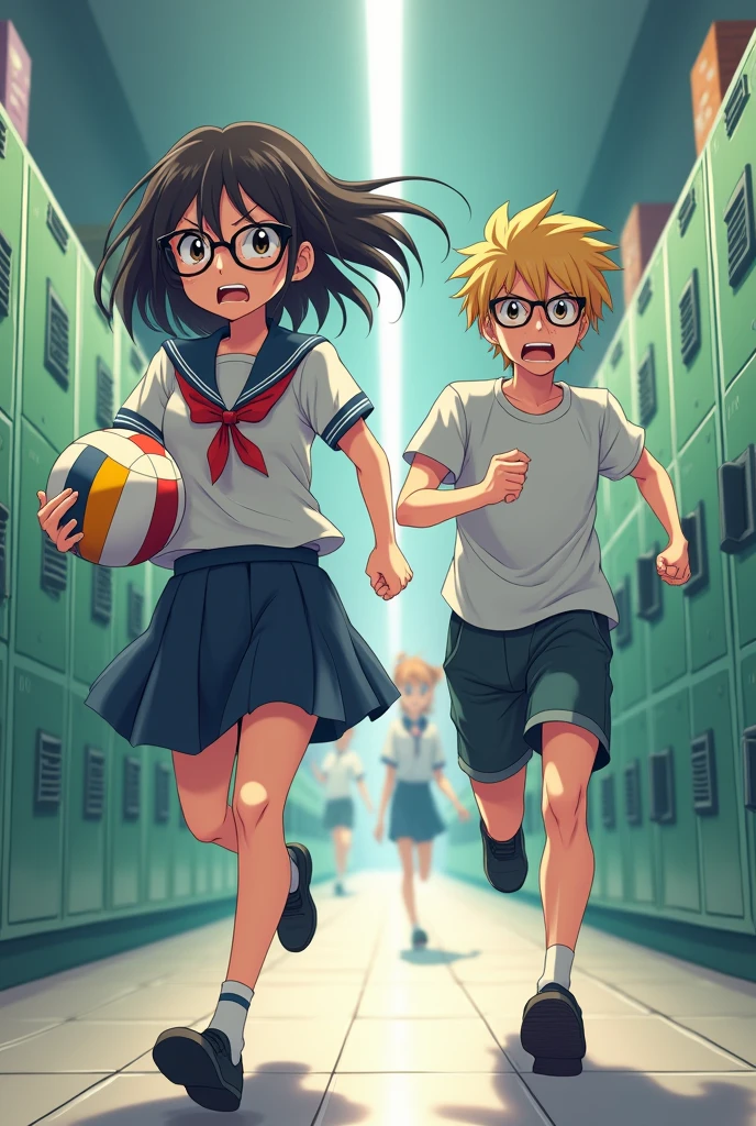 an anime school girl with uniform and have long medium length hair with glasses and have 5'6 height, and have a angry expression on her face, and an anime boy have blonde hair with glasses and have 6'2 height and he have volleyball on his hand and chased by a girl with angry expression on her face on the hallway while running.