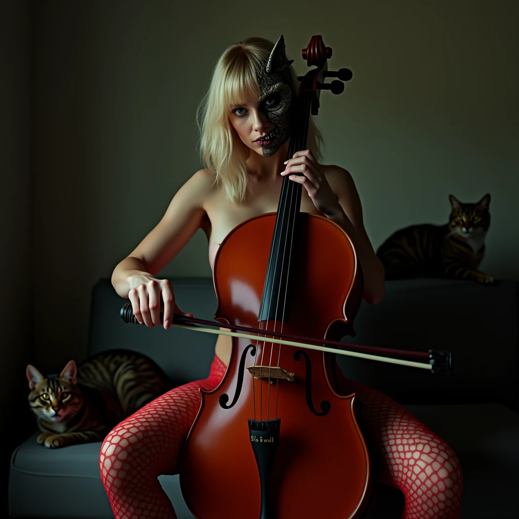 A beautiful 30-year-old woman, white skin, blonde hair with bangs, on her face a half-monstrous mask, almost naked with only red transparent fishnet stockings, big tits with her nipples visible, full-length sitting playing a cello, in a room with three or four cats in the background, hyper-realistic image, 4K quality