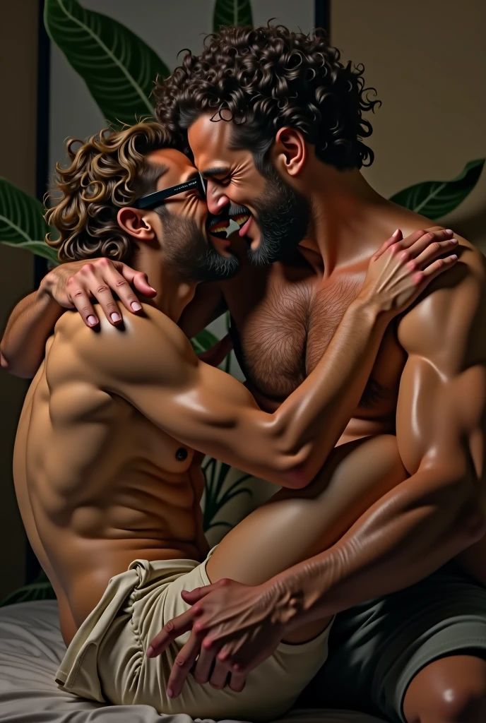 a man with glasses, Wavy hair,moaning with pleasure sitting on a tall man's lap,muscular and curly hair with mustache, porn, Gay couple.
