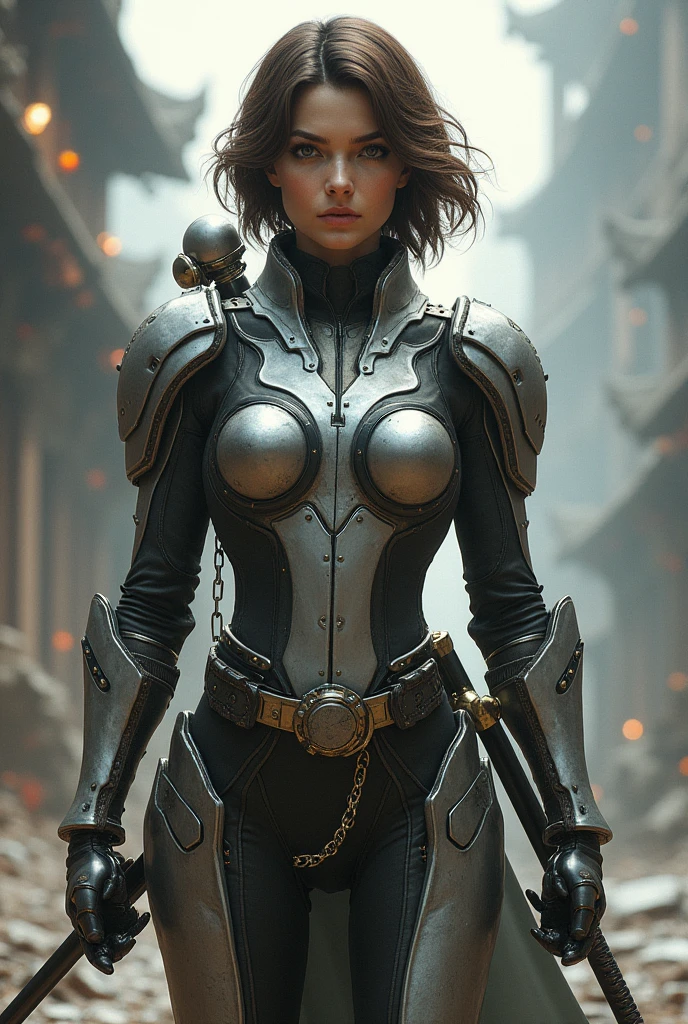 A brown female character with short, wavy hair and full-body armor with a flight and combat turbine and a katana.