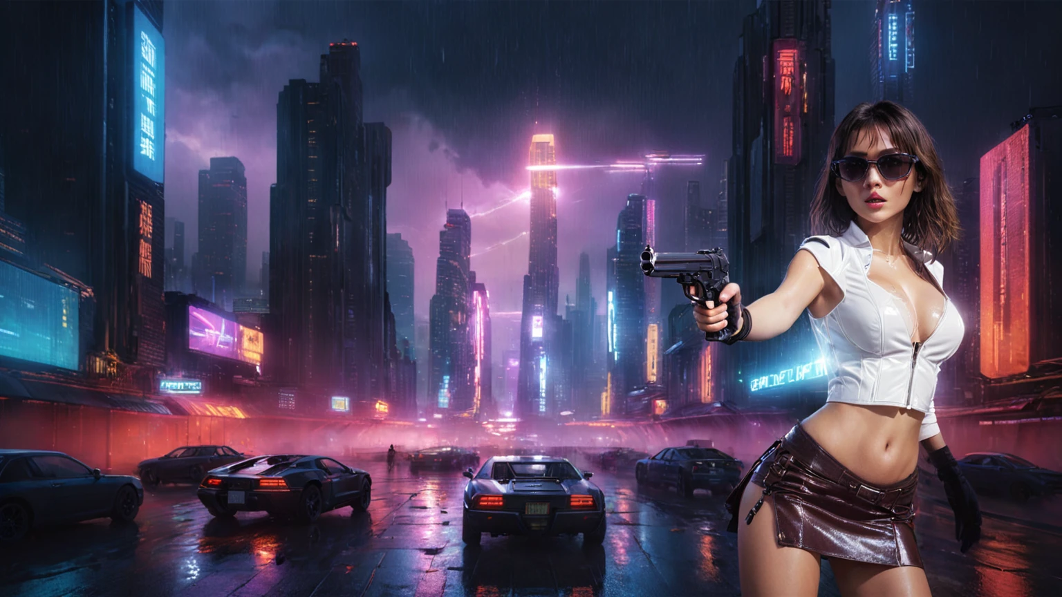 (aerial view), Blade Runner style futuristic city, flying cars, neon lights, rainy night. (1girl, solo, alone), large-breast:1.2 slim body, slim face, cleavage:1.1, sexy laced lingerie, very low angle view miniskirt, jacket, (black sunglasses), (holding a short gun), running pose, half-body thigh level medium shot, cinematic lighting, ray tracing.